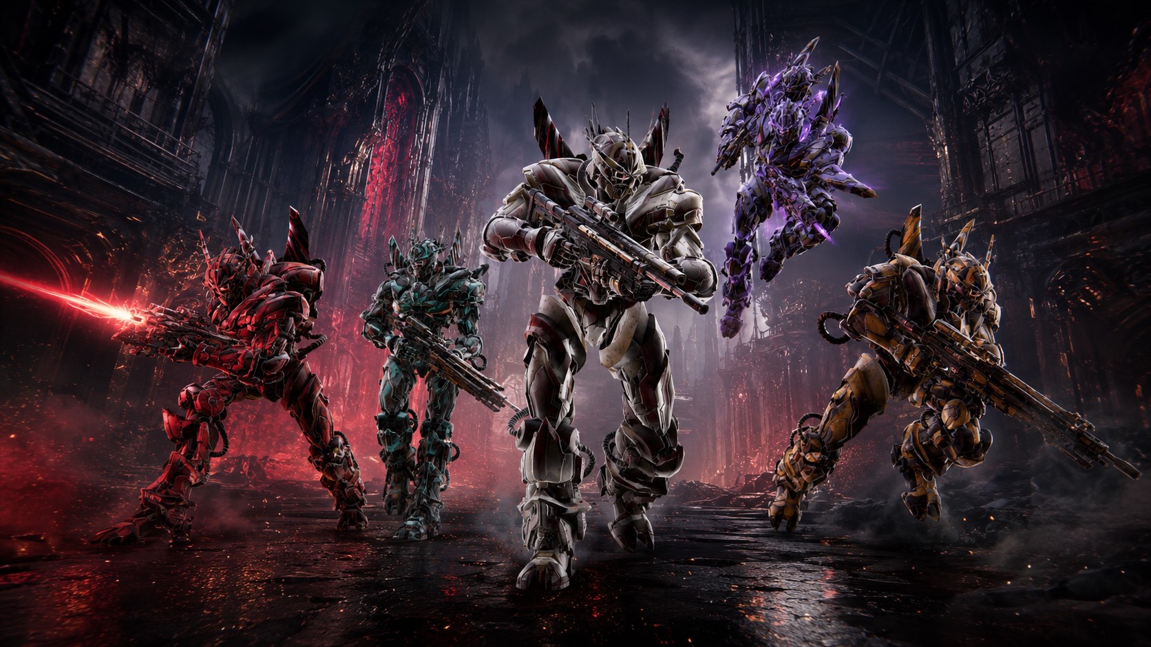 The SAGORAX armoured fighter roster inside a dark cathedral